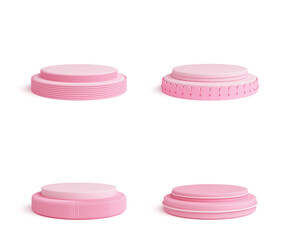 Four styles platform and podium soft pink pastel stand product display advertisement baby cute sweet white background. Place fashion model, cosmetic or beauty products. clipping path. 3D Illustration.