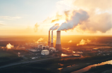 aerial view of coal nuclear power plant with smoke - 684490670