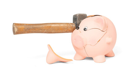 Hammer breaking piggy bank isolated