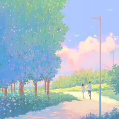 anime couple walking landscape with trees