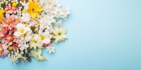 A peaceful blend of yellow, white, and pink flowers cascading over a refreshing cyan-colored background.