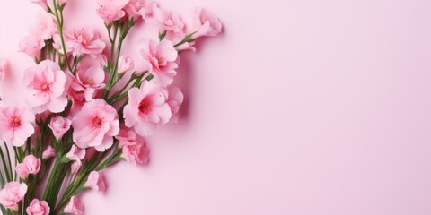 Delicate pink flowers create a soft, inviting corner against a pale pink background.