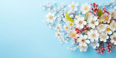 Delicate white flowers with hints of red berries spread across a bright blue background, symbolizing freshness and purity.