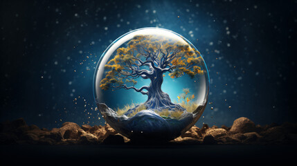 Naklejka na ściany i meble Tree in a sphere Moon background life on the moon