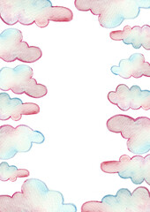 A frame of clouds of different sizes and shapes. Watercolor painting. Pink and blue colors. Soft gradient between colors. The clouds have a darker pink and blue outline. White copy space.