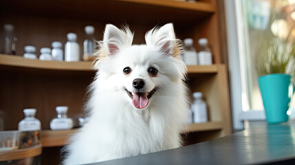 dog sits with pet supplements after visiting veterinary - obrazy, fototapety, plakaty