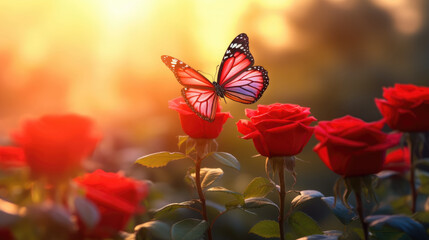 Fototapeta na wymiar Butterfly flying near red rose flower in sunlight