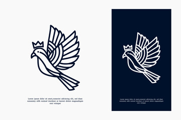 mono line bird with crown element logo design illustration
