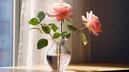 A single pink rose in a glass vase on a table.