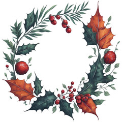 Holly leaves and berry. Christmas wreath watercolour illustration.