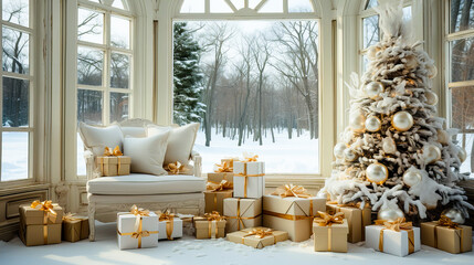 Luxury living room with christmas tree and presents decorated for Christmas and New Year holidays. Generative AI technology