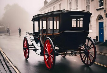 AI illustration of a black carriage slowly making its way down a wet street.