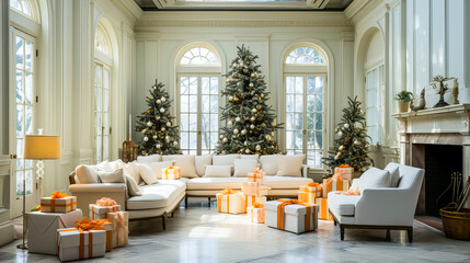 Luxury living room with christmas tree and presents decorated for Christmas and New Year holidays....