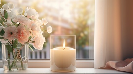 Candle and flowers in the room. Created with Ai