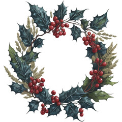 Holly leaves and berry. Christmas wreath watercolour illustration.