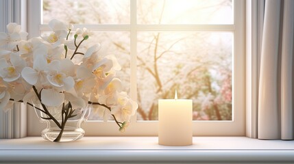 Flowers in a vase with candle and window. Created with Ai