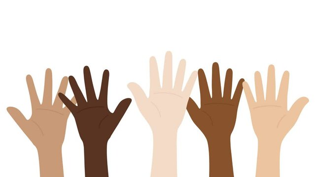 Flat design animation of people with different skin colors raising their hands. Unity concept.
