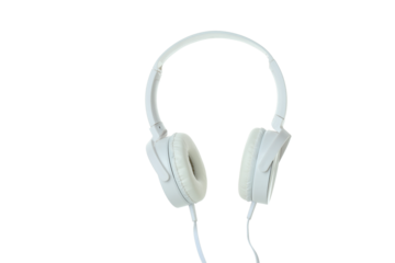 PNG, white, on-ear headphones isolated on a white background.