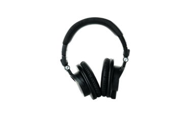 PNG, black, on-ear headphones isolated on white background.