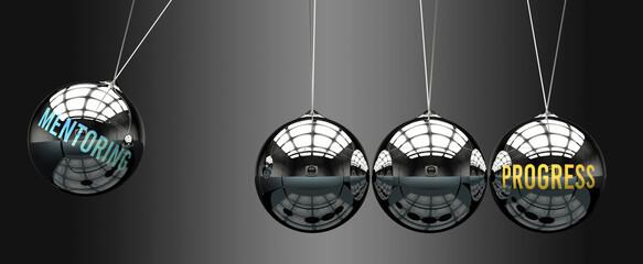 Mentoring leads to Progress. A metaphor in which mentoring initiates motion of progress and gives it energy. Cause and effect relation between mentoring and progress.,3d illustration