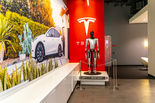 A new Tesla Optimus bot robot on display at the Tesla showroom at Santana Row, San Jose