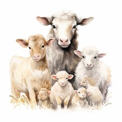 Watercolor depiction of animals, such as sheep and cows, white background. AI generate