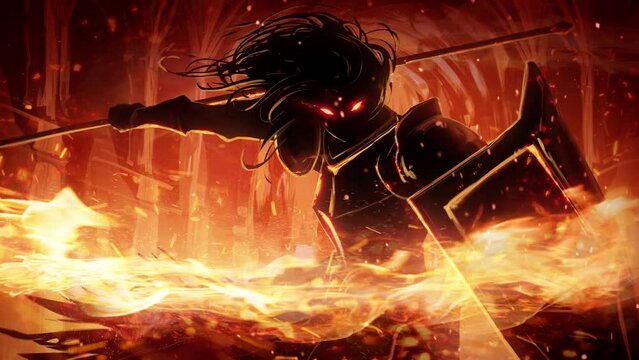 fierce fiery knight with loose hair, large shield and glowing demonic eyes makes a fiery cut with his spear, revealing a fiery trail and sparks behind the burning temple. clean looped 2d animated art