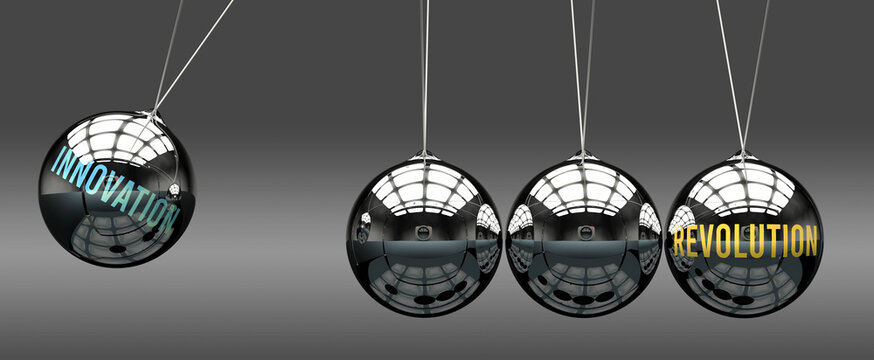 Innovation leads to Revolution. A metaphor in which innovation initiates motion of revolution and gives it energy. Cause and effect relation between innovation and revolution.,3d illustration
