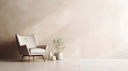 White chair in a living room with white walls and vase. Created with Ai - obrazy, fototapety, plakaty