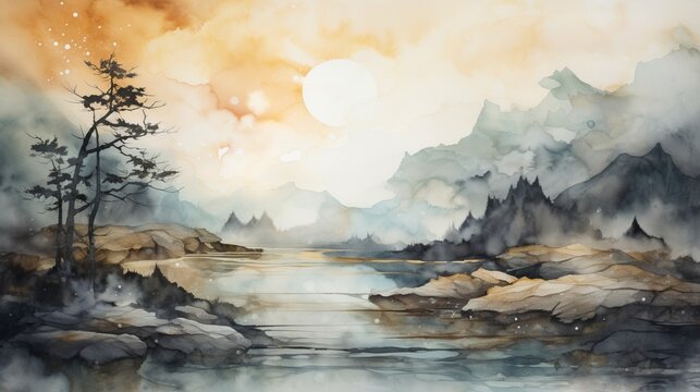 A mixed-media piece incorporating watercolors and ink, depicting a dreamy, ethereal landscape.