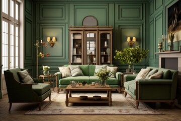 Fototapeta na wymiar Luxury-designed lounge hall with green sofa, green walls, table and plants. Created with Ai