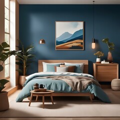 cozy bedroom with a queen sized bed and a wooden nightstand set against a blue wall