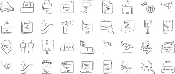 Airport hand drawn icons set, including icons such as aviation, Departure, Flight, Departures, Taxi, Runway, and more. pencil sketch vector icon collection