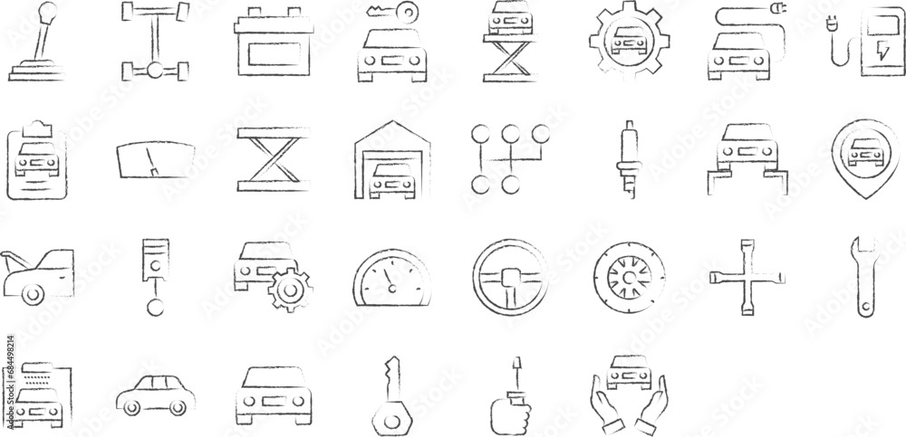 Wall mural Garage and car service hand drawn icons set, including icons such as Automobile, Axel, Battery, Car Key, Car, and more. pencil sketch vector icon collection