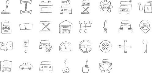 Garage and car service hand drawn icons set, including icons such as Automobile, Axel, Battery, Car Key, Car, and more. pencil sketch vector icon collection