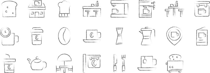 Coffee bar hand drawn icons set, including icons such as Bread, Building, Chef, Coffee Maker, Coffee Shop, and more. pencil sketch vector icon collection