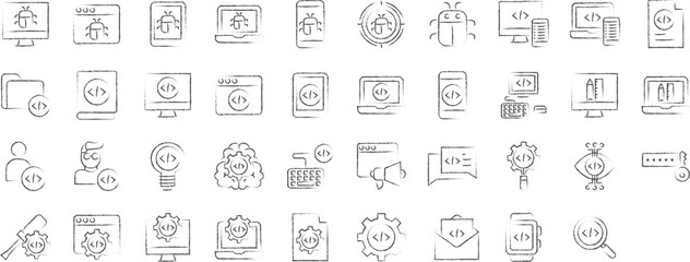 App Development hand drawn icons set, including icons such as Coding, Bug, Chat, Developer, Idea, Intelligence, Keyboard, Mobile and more. pencil sketch vector icon collection