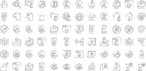 Web hacking and cyber security hand drawn icons set, including icons such as Bug, Spy, Chip, Cloud Hacker, Cloud Key, and more. pencil sketch vector icon collection
