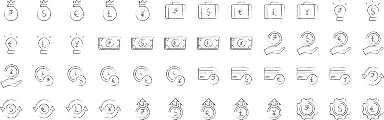 Banking and savings hand drawn icons set, including icons such as Dollar, Euro, Pound, Rupees,Yen, Briefcase, Bag, and more. pencil sketch vector icon collection