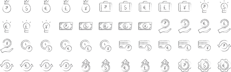 Fotobehang Banking and savings hand drawn icons set, including icons such as Dollar, Euro, Pound, Rupees,Yen, Briefcase, Bag, and more. pencil sketch vector icon collection © kiran Shastry