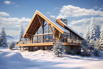 House in the woods while it is snowing. is snow-covered.