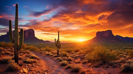 A rocky desert landscape with a stunning sunset sky and the silhouette of a saguaro cactus