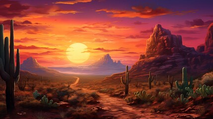 A rocky desert landscape with a stunning sunset sky and the silhouette of a saguaro cactus, with a coyote in the distance