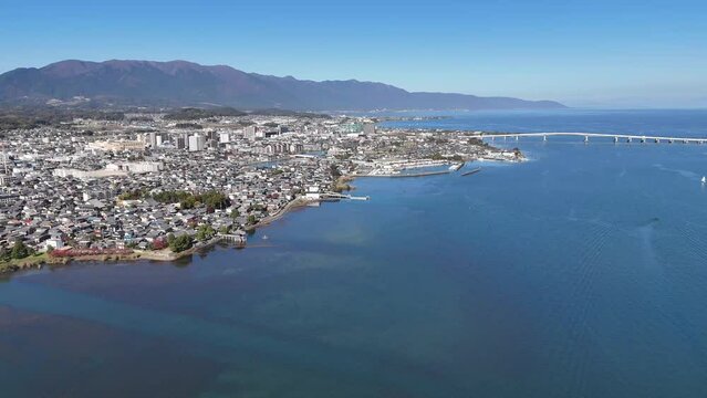 琵琶湖南部ドローン撮影　琵琶湖大橋と浮御堂