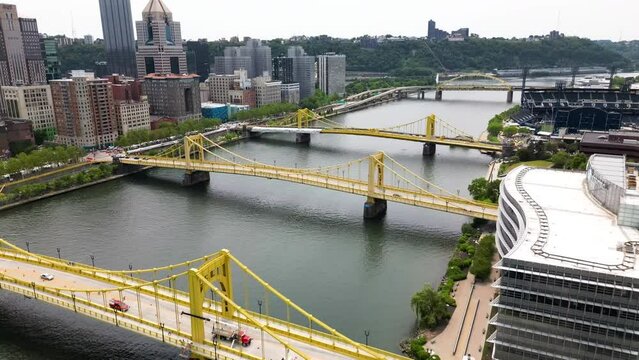 Aerial View Pittsburgh Bridges Downtown DRONE 4K