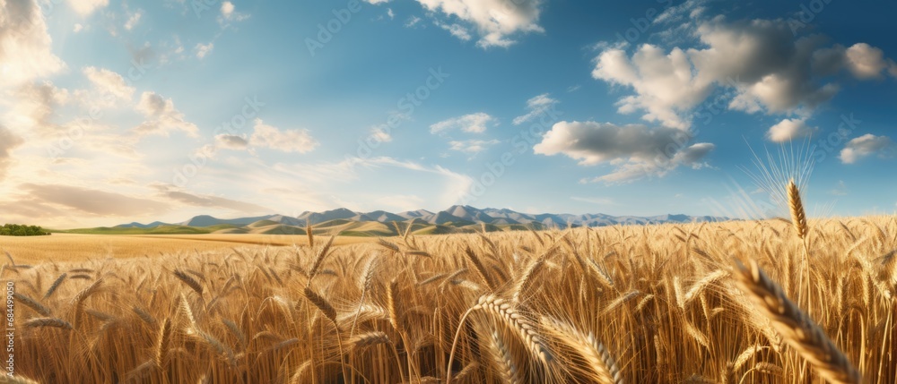Poster golden wheat field with mountains in the background. generative ai.