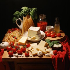 A table with cheese, tomatoes, and other ingredients. Generative AI.