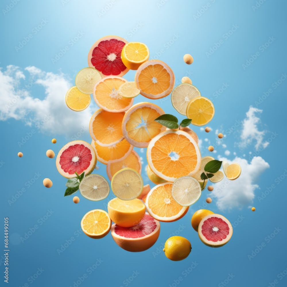 Poster citrus fruits and leaves floating in the air. generative ai.
