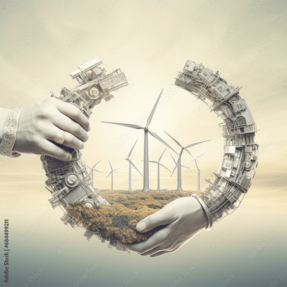 Poster two hands holding a wind turbine in the middle of a circle. generative ai.