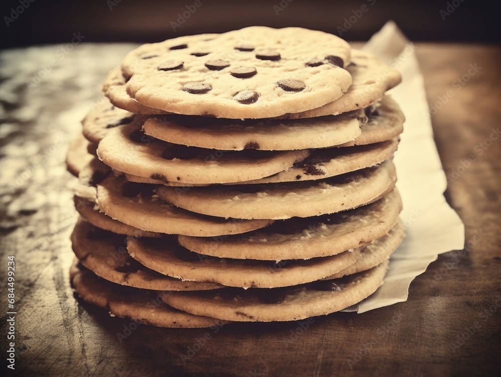 Poster a stack of cookies on a wooden table. generative ai.